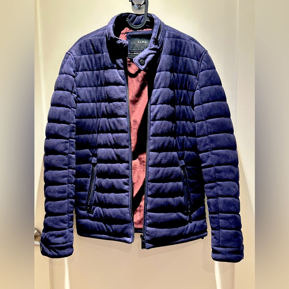 Zara men suede puffer jacket size M , Navy Blue